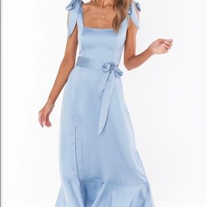 Show me your mumu steel blue satin bridesmaid dress